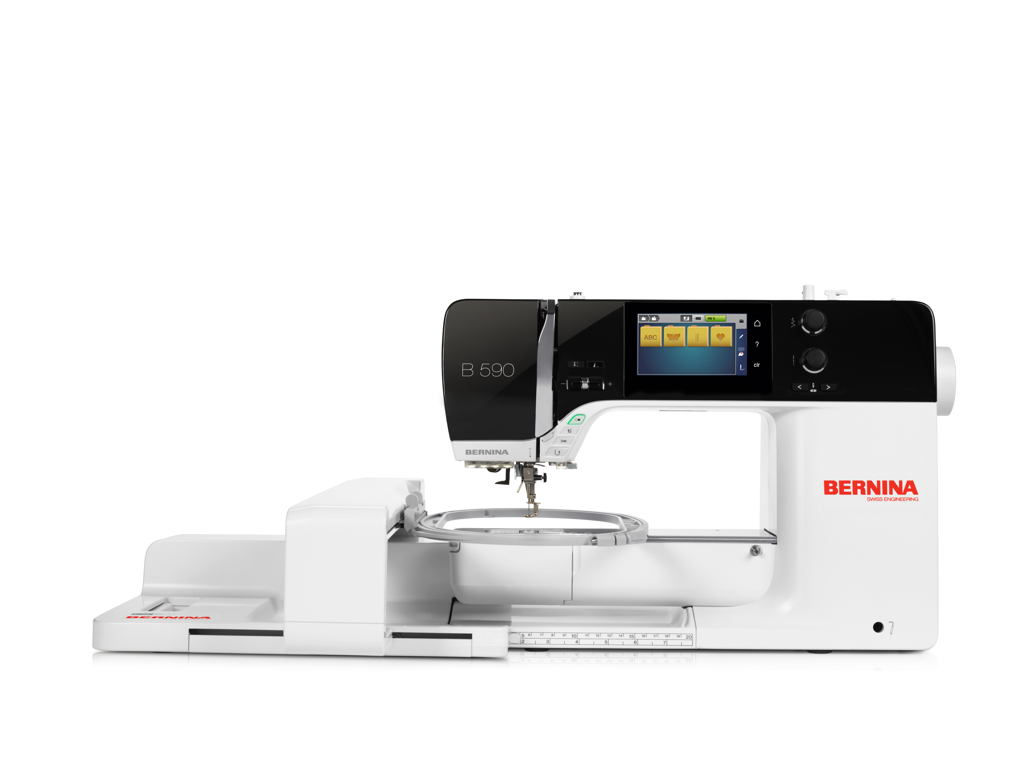 front facing image of the BERNINA 590E Sewing and Embroidery Machine with module and hoop attached