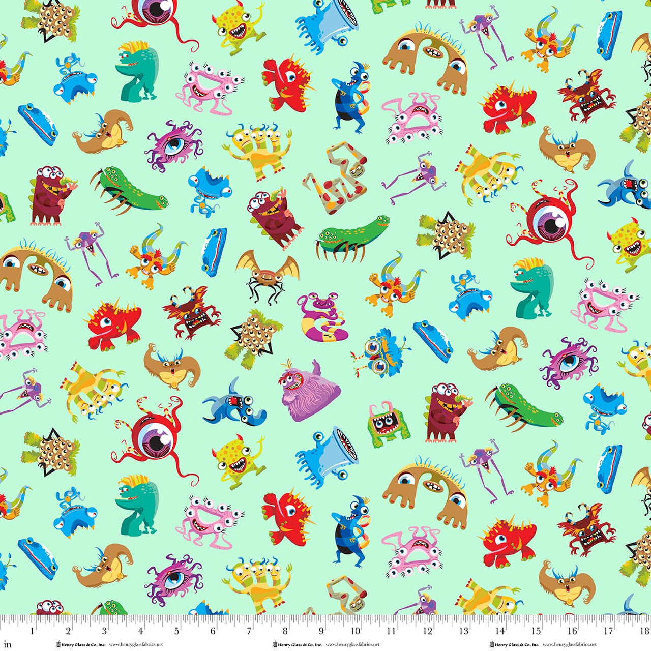monsters fabric Mint Multi My Very Silly Monster's ABCs