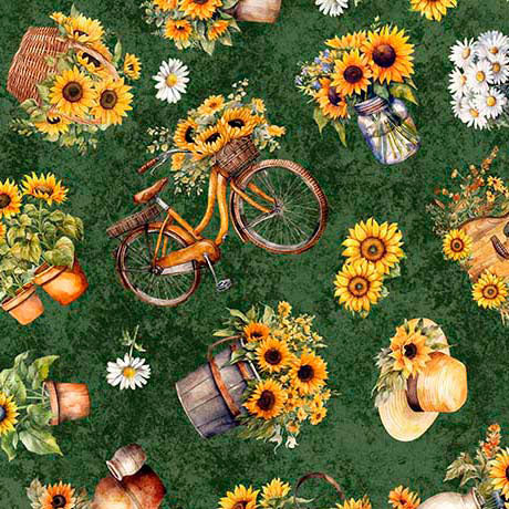 Fabric QT Green Sunflowers Bikes Sunflower Serenade By The Quarter Y fabric-qt-green-sunflowers-bikes-sunflower-serenade-by-the-quarter-y