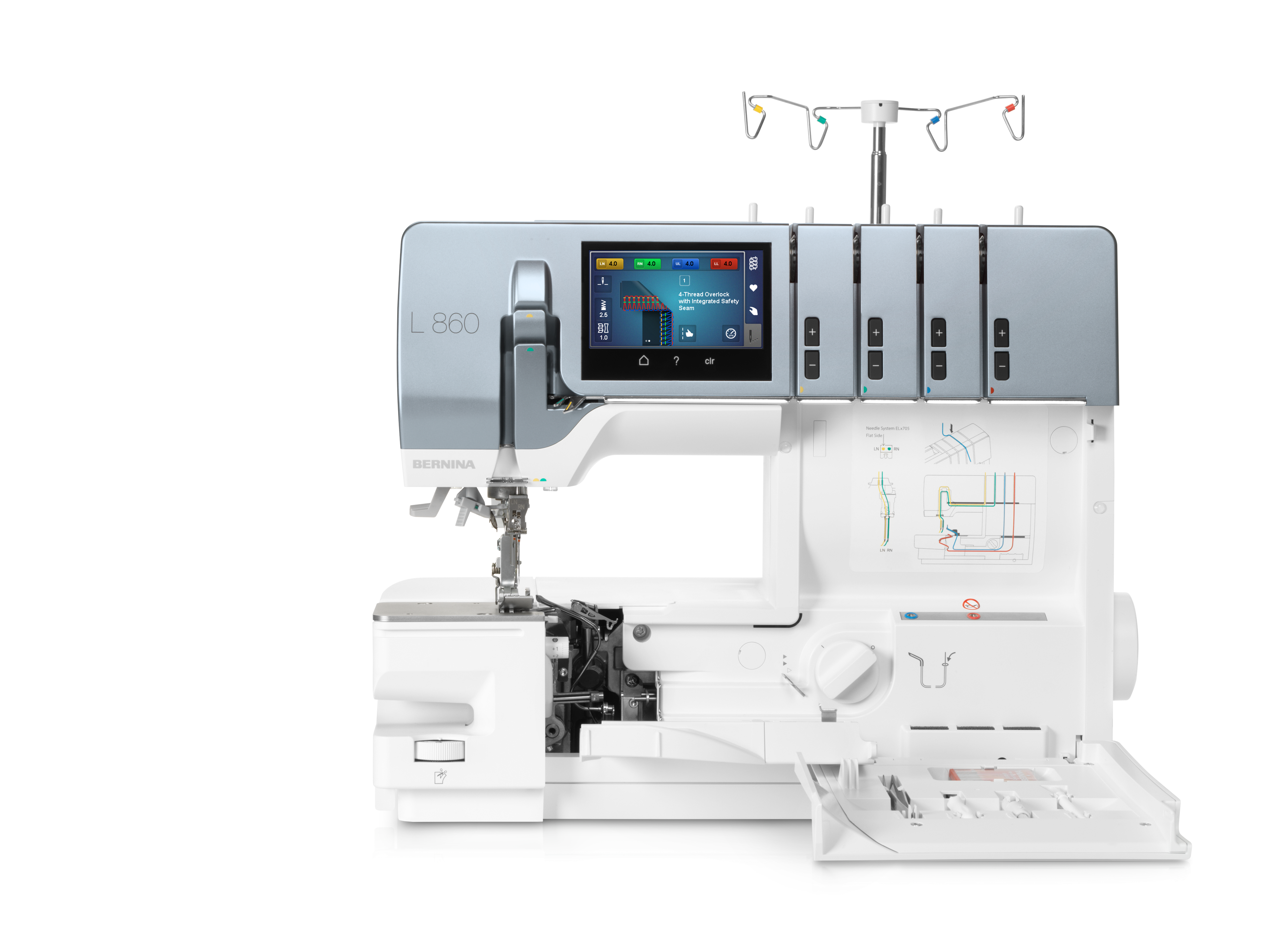 front facing image of the BERNINA 860 Air Threader Serger Machine while open