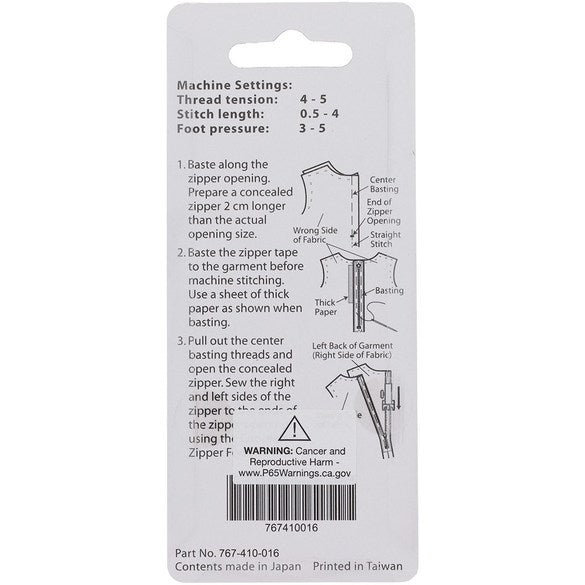 Janome Concealed Zipper Foot for DB Hook Machines 767410016 for Sale at World Weidner