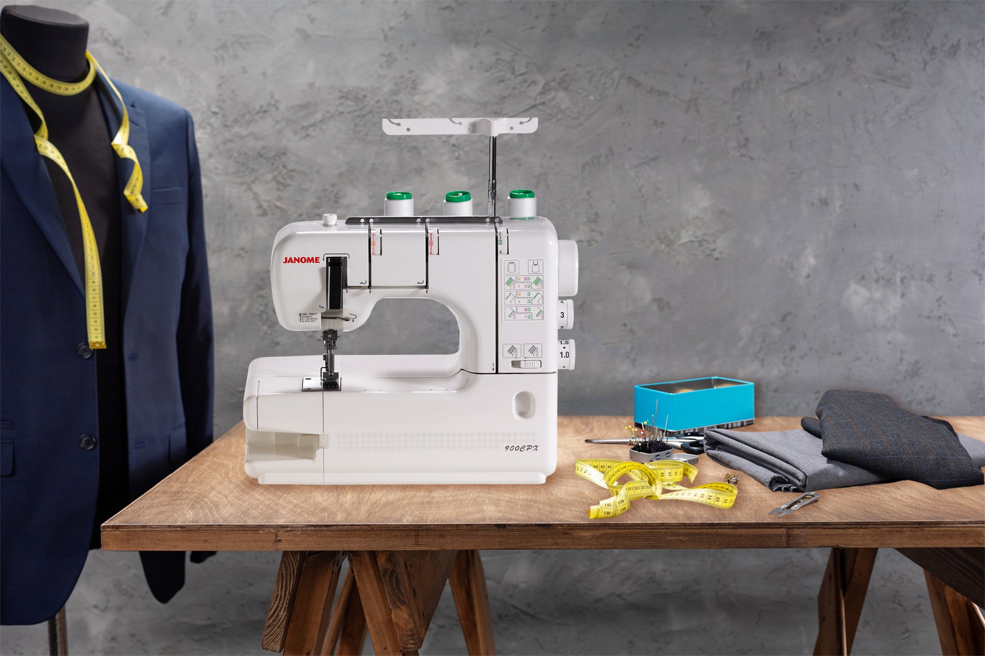 image of the Janome CoverPro 900CPX Coverstitch Serger Machine on a table