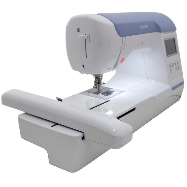 angled image of the Brother PE800 seven by five Embroidery Machine with an accessory