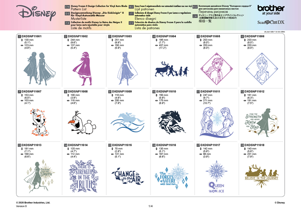 image of some of the designs included in the Brother CADXDSNP11 ScanNCut Disney Frozen 2 Design Collection