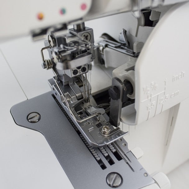 JUKI MO-735 2/3/4/5 Thread Overlock Serger Sewing Machine close up view of the needle