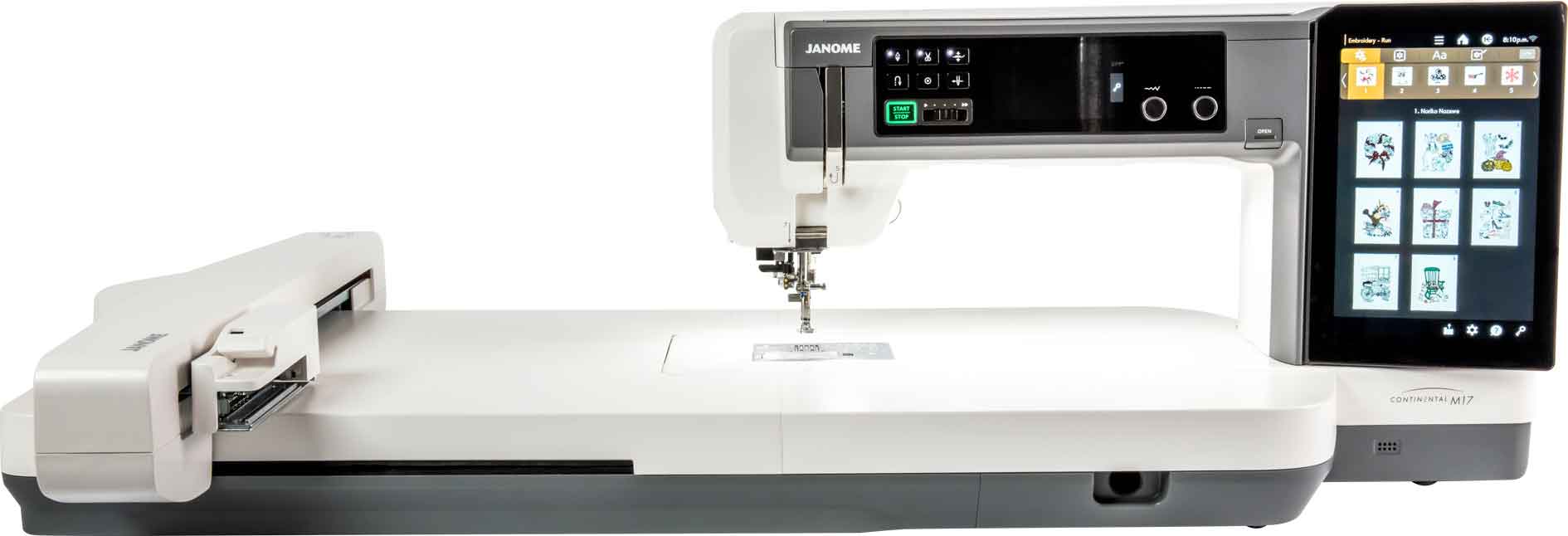 front facing image of the Janome Continental M17 Sewing and Embroidery Machine with table attached