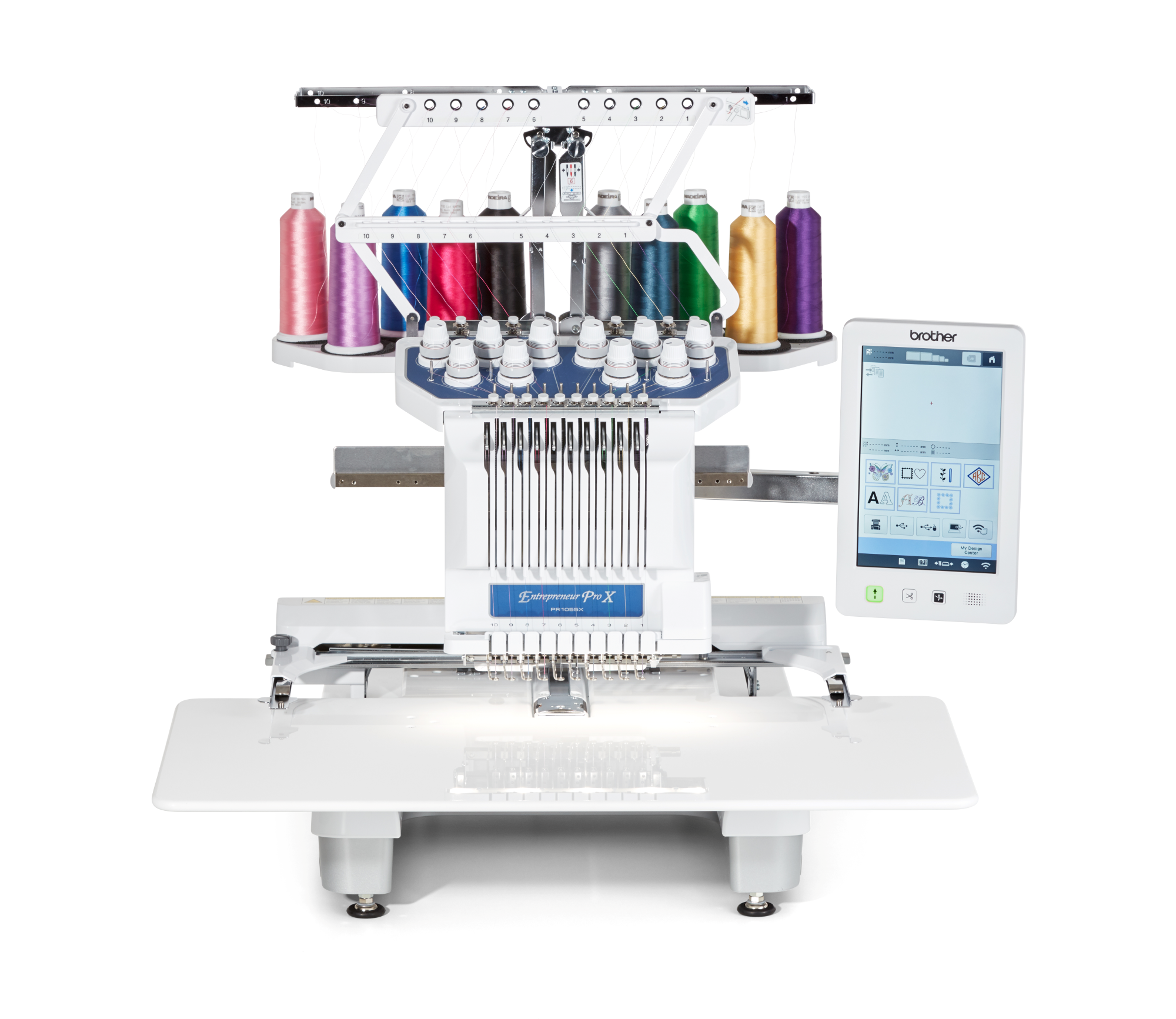 Front facing picture of the Brother Entrepeneur Pro X PR1055X fourteen by eight ten needle embroidery machine