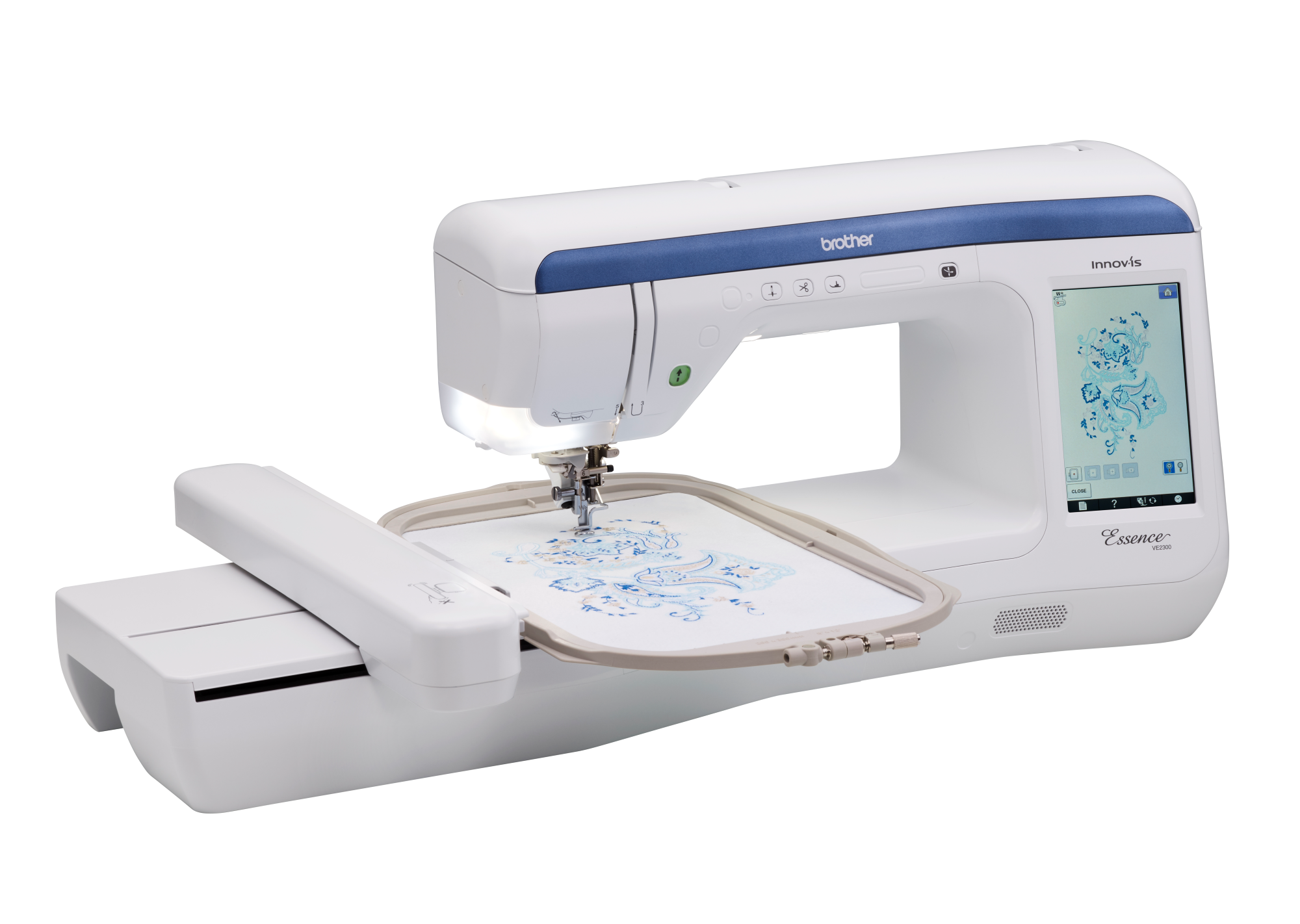 angled of the Brother Essence Innov-is twelve by six VE2300 Embroidery Machine with example embroidery