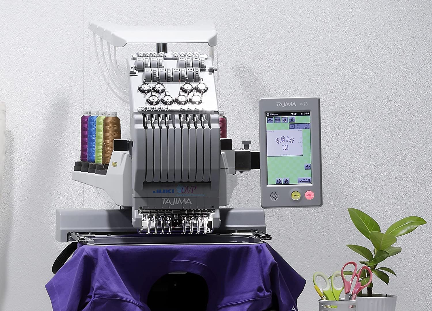 JUKI Tajima SAI 8 Needle Embroidery Machine view from front of the machine