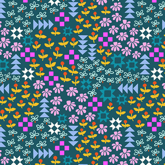 Fabric Andover Teal Patchwork and Petals by the Quarter Yard 10614-T