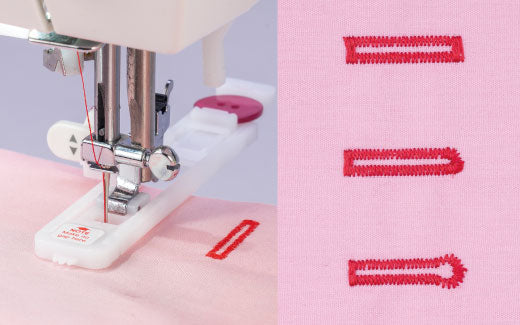 close up of the JUKI HZL-HT710 Sewing Machine creating a buttonhole