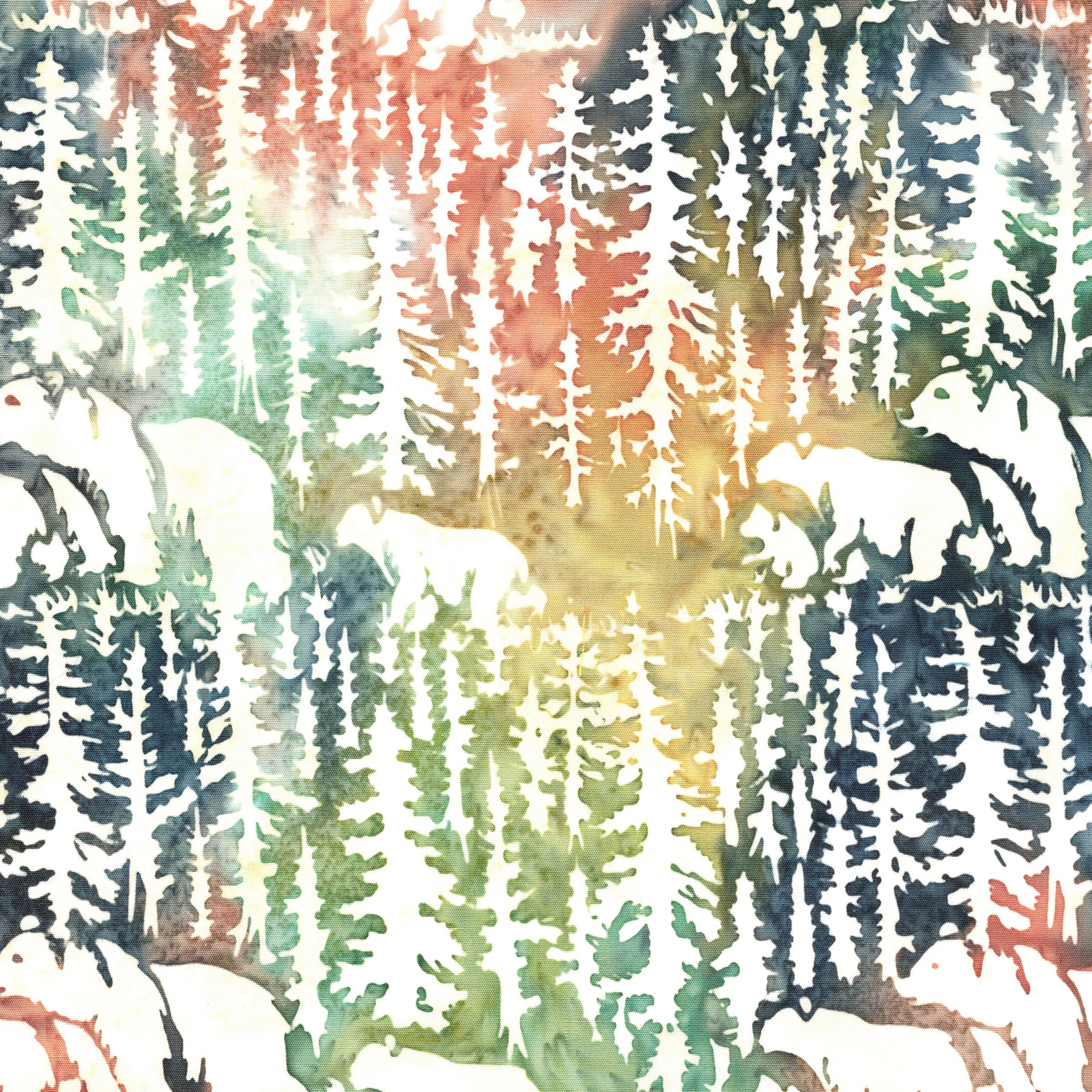 Fabric Lumin Multi Green Grey Gold Bears and Fir Trees Twigs and Tails Island Batiks by the Quarter Yard 112611811