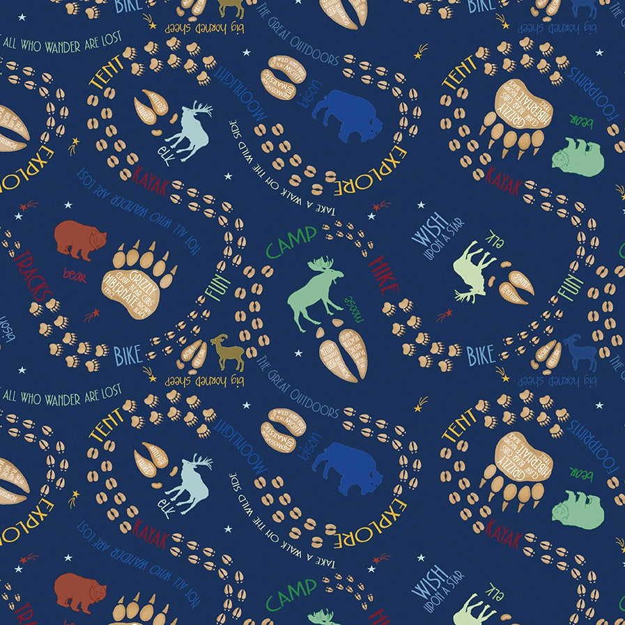 Fabric Benartex Dark Blue Outdoorsy Words Explore More by the Quarter Yard 15289-56
