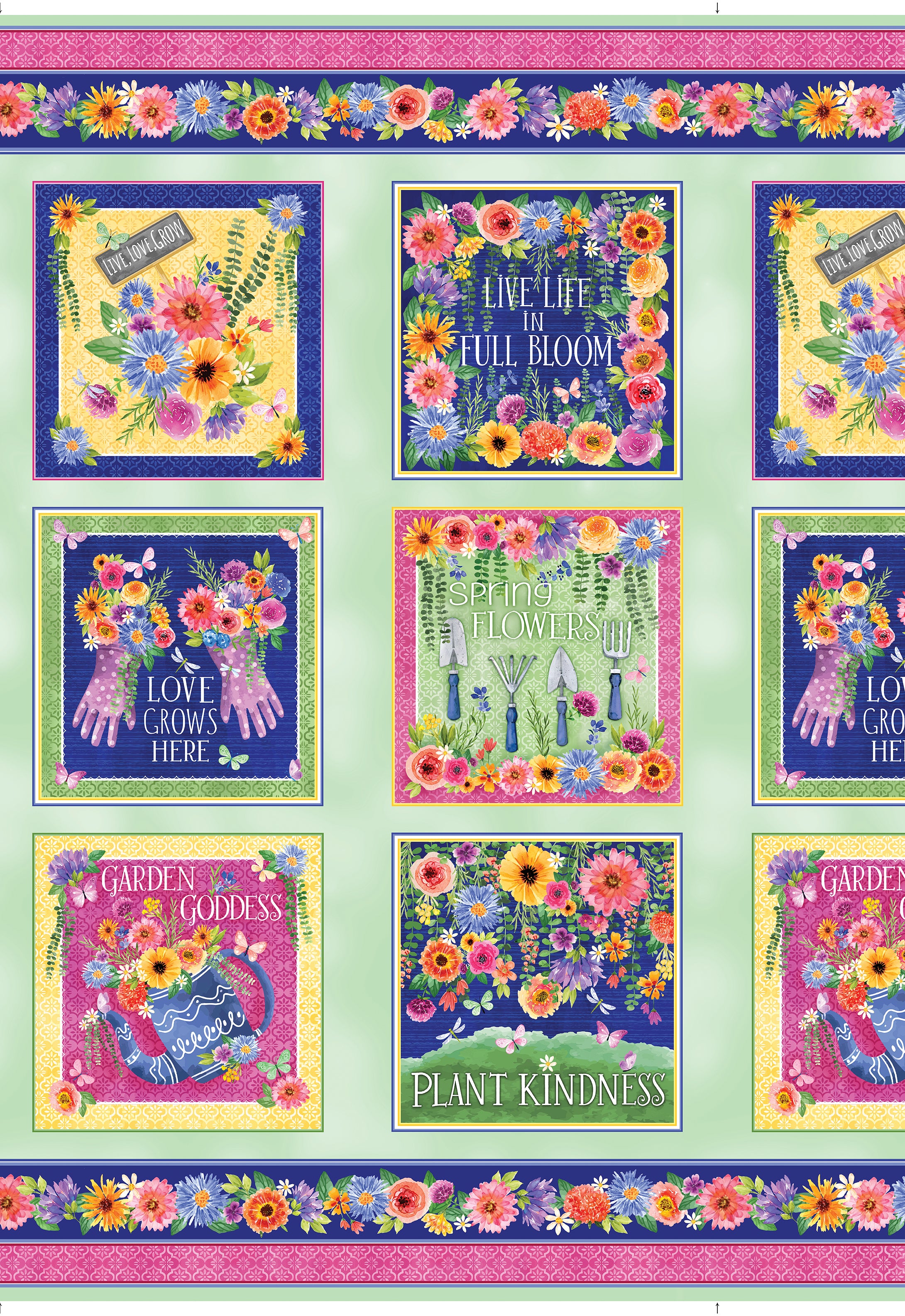 Fabric Benartex Multi Boxes Plant Kindness Quilt Panel 15296-99