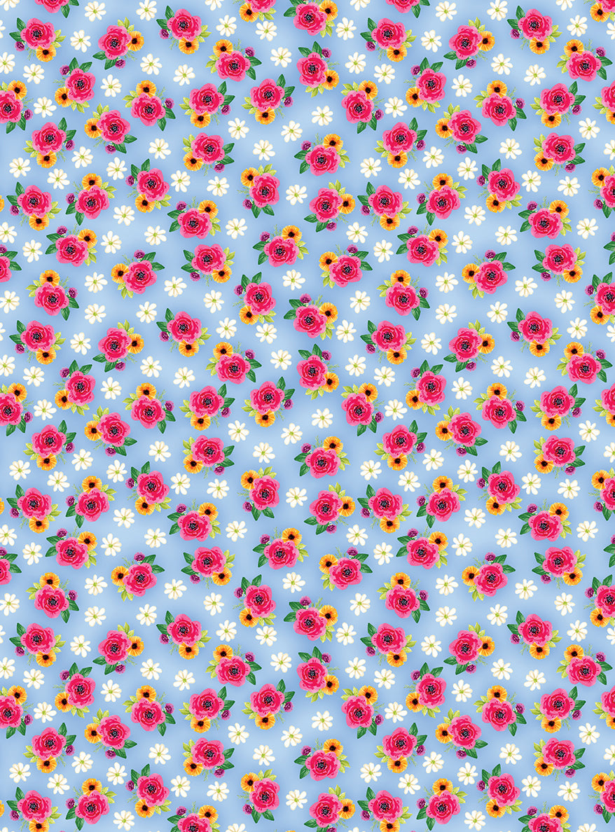 Fabric Benartex Blue Little Blooms Plant Kindness by the Quarter Yard 15304-55
