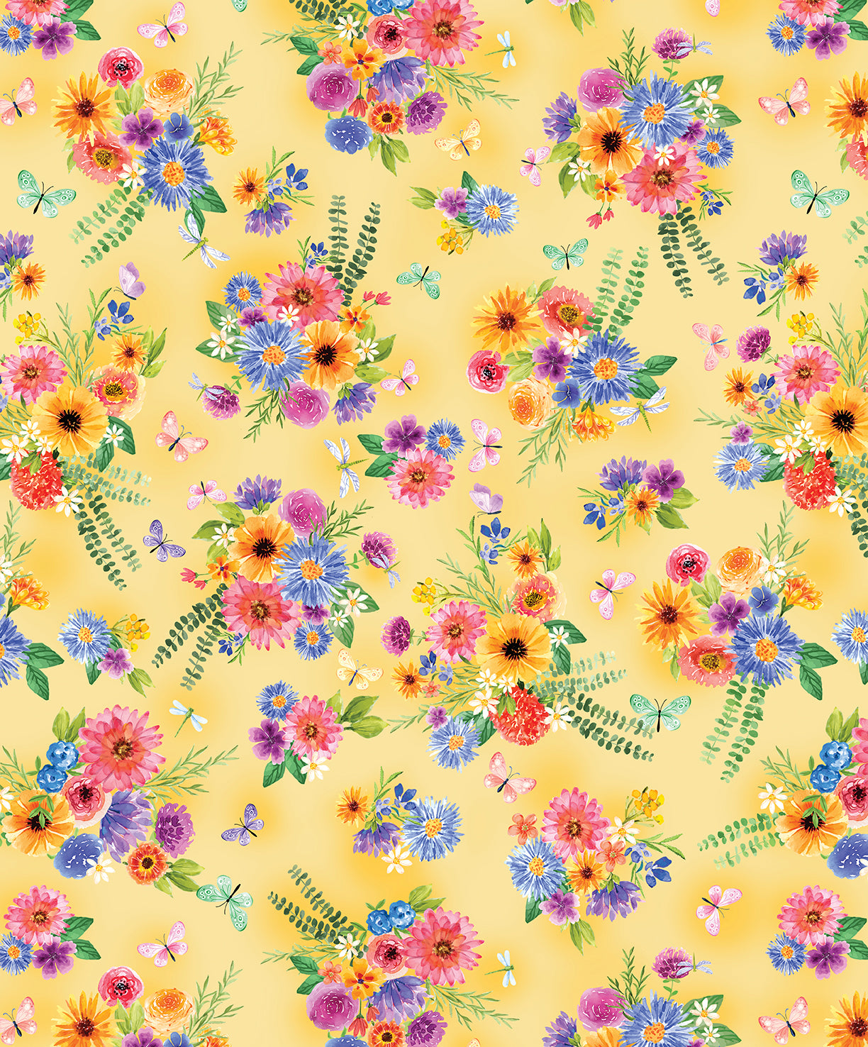 Fabric Benartex Yellow Garden Bouquets Plant Kindness by the Quarter Yard 15305-33