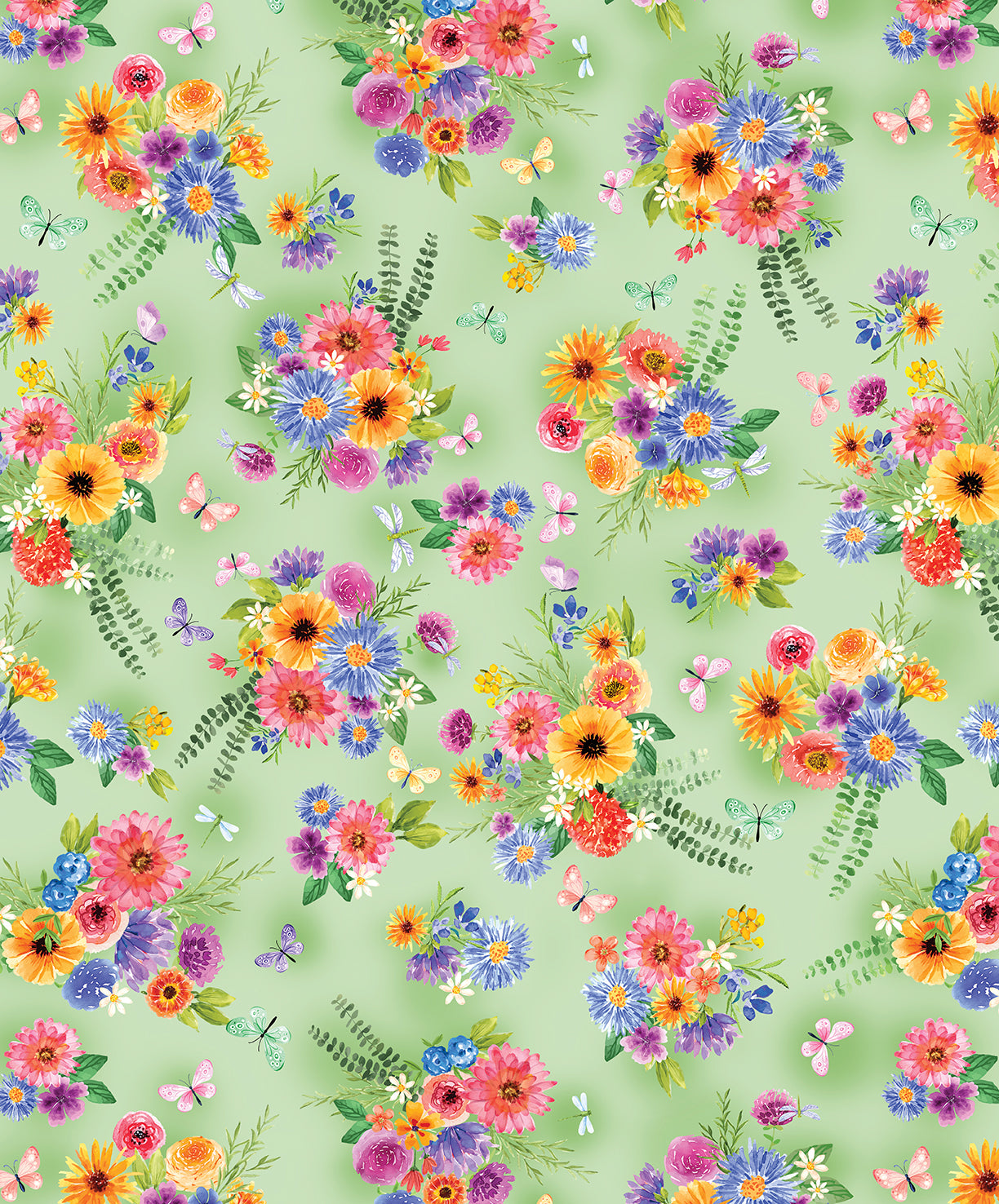 Fabric Benartex Green Garden Bouquets Plant Kindness by the Quarter Yard 15305-44