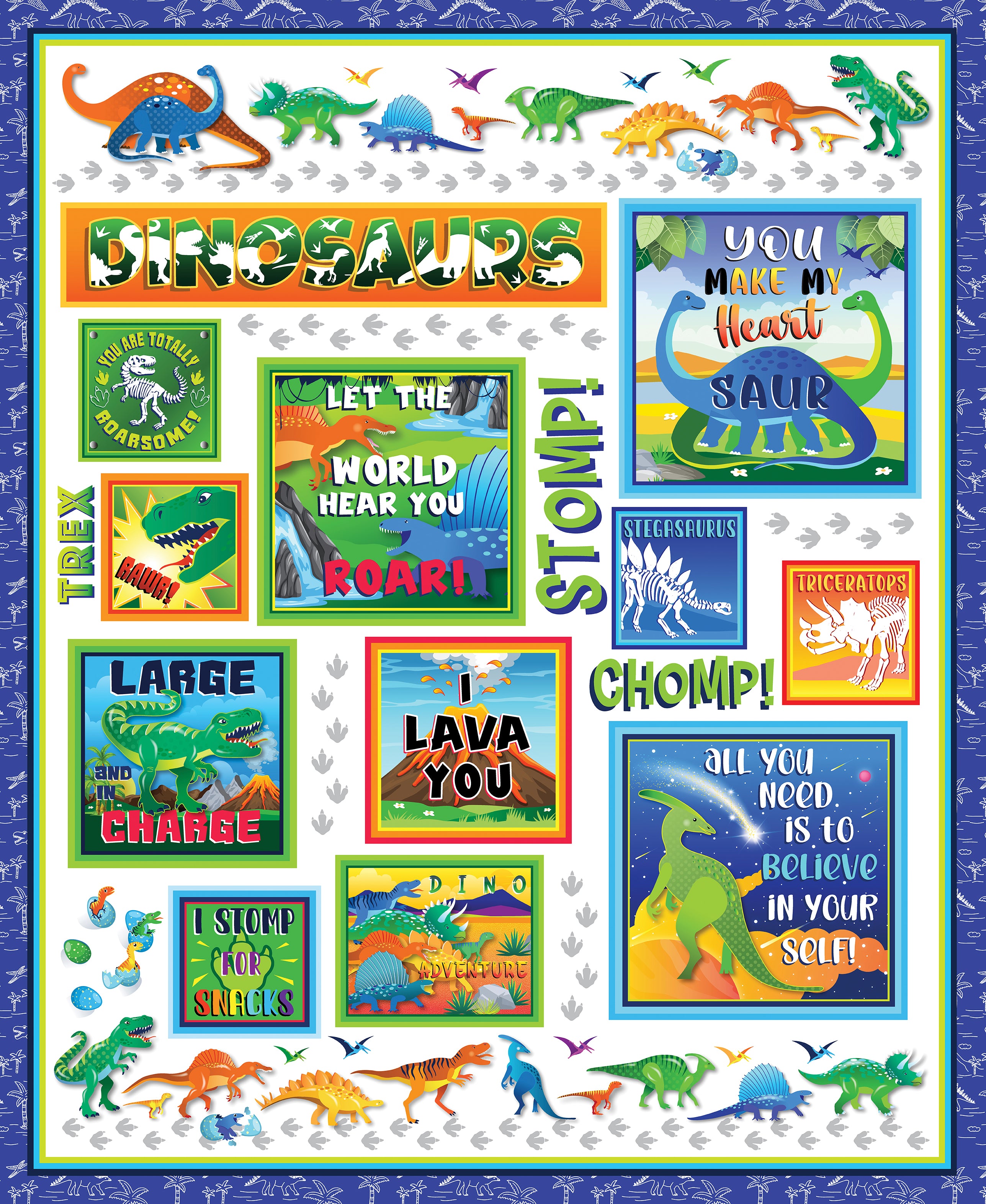 Fabric Benartex Multi Dino Fun Dino Friends Quilt Panel 15394-99