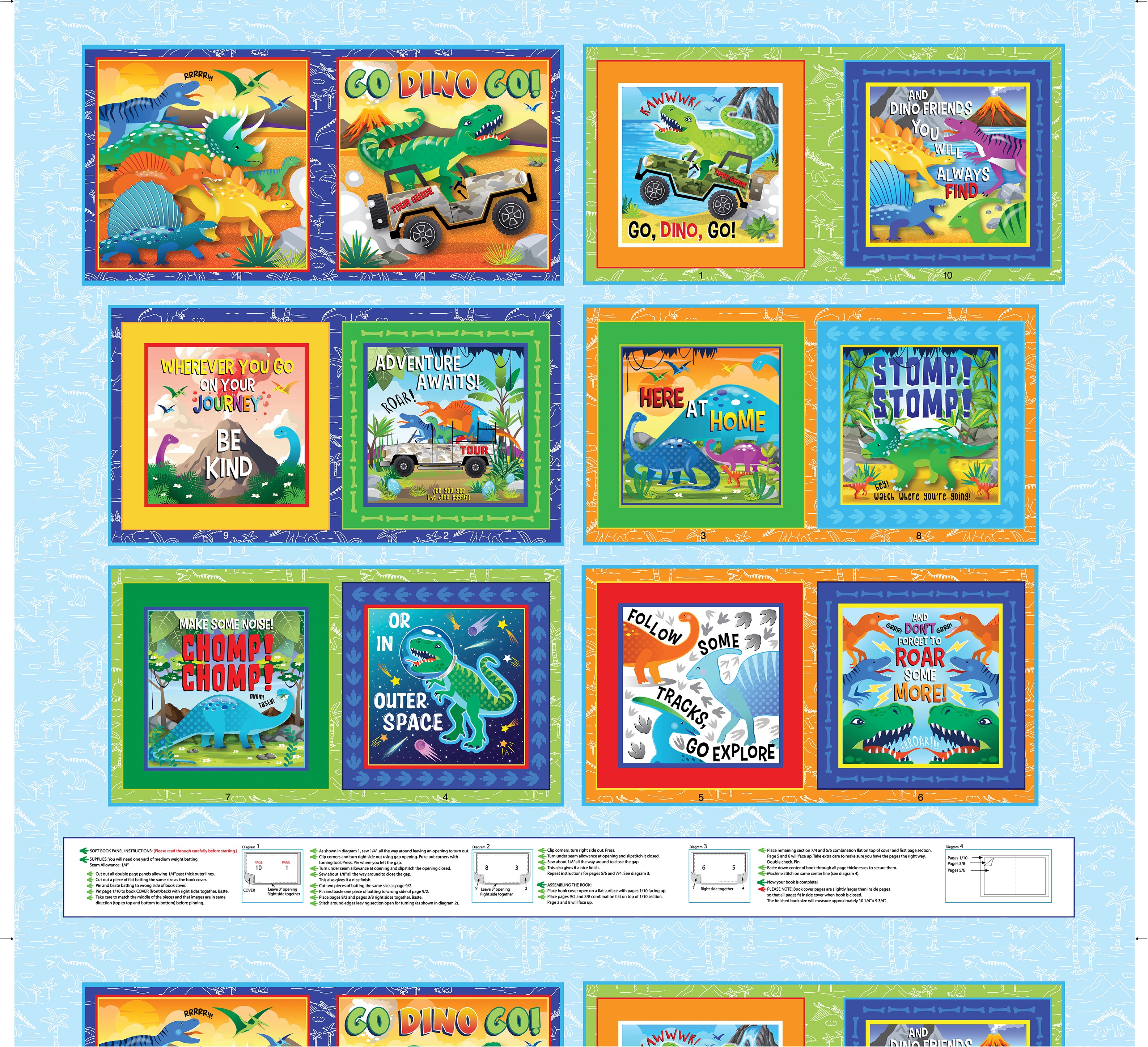 Fabric Benartex Multi Dino Friends Book Panel 15395-99