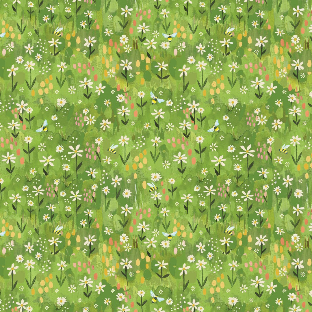 Fabric Benartex Green Daisy Field Into the Meadow by the Quarter Yard 16711-44