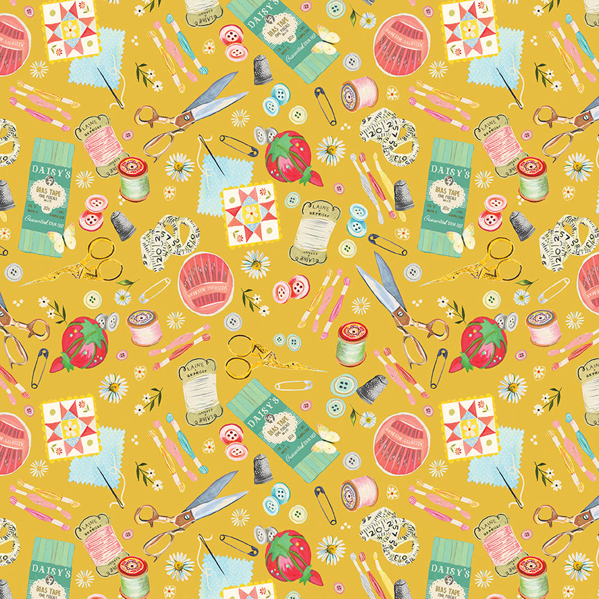Fabric Benartex Yellow Love is the Thread Love and Stitches by the Quarter Yard 16895-33