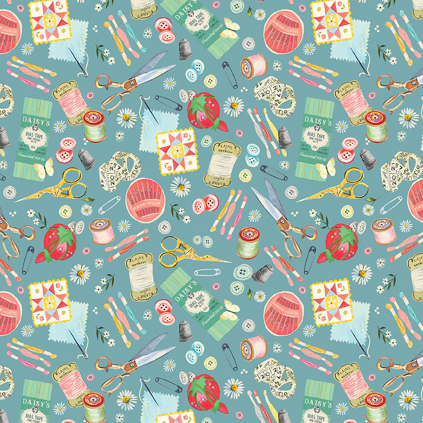 Fabric Benartex Teal Love is the Thread Love and Stitches by the Quarter Yard 16895-84
