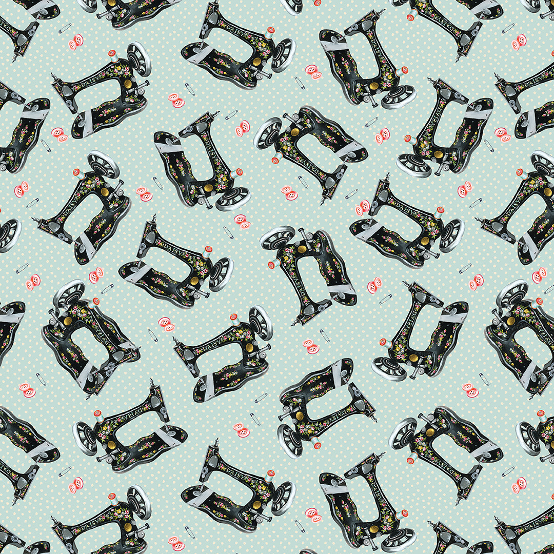 Fabric Benartex Light Teal Sewing with Daisy Love and Stitches by the Quarter Yard 16896-80