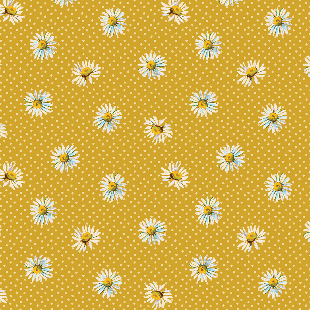 Fabric Benartex Gold Daisy Dot Love and Stitches by the Quarter Yard 16897-34