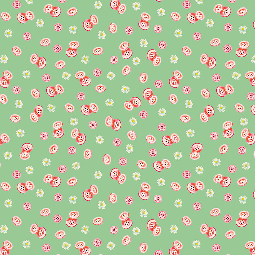 Fabric Benartex Green Buttons Love and Stitches by the Quarter Yard 16899-44