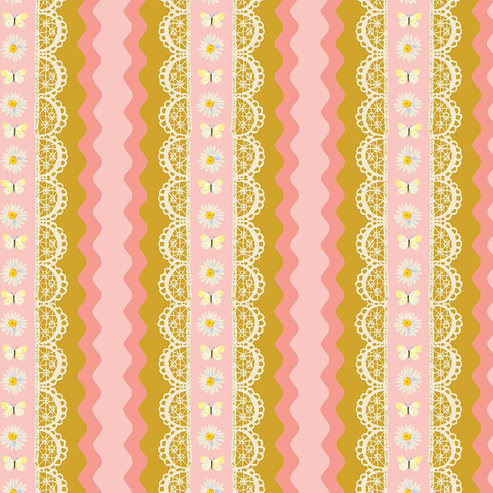 Fabric Benartex Pink/Multi Rick Rack Stripe Love and Stitches by the Quarter Yard 16901-23