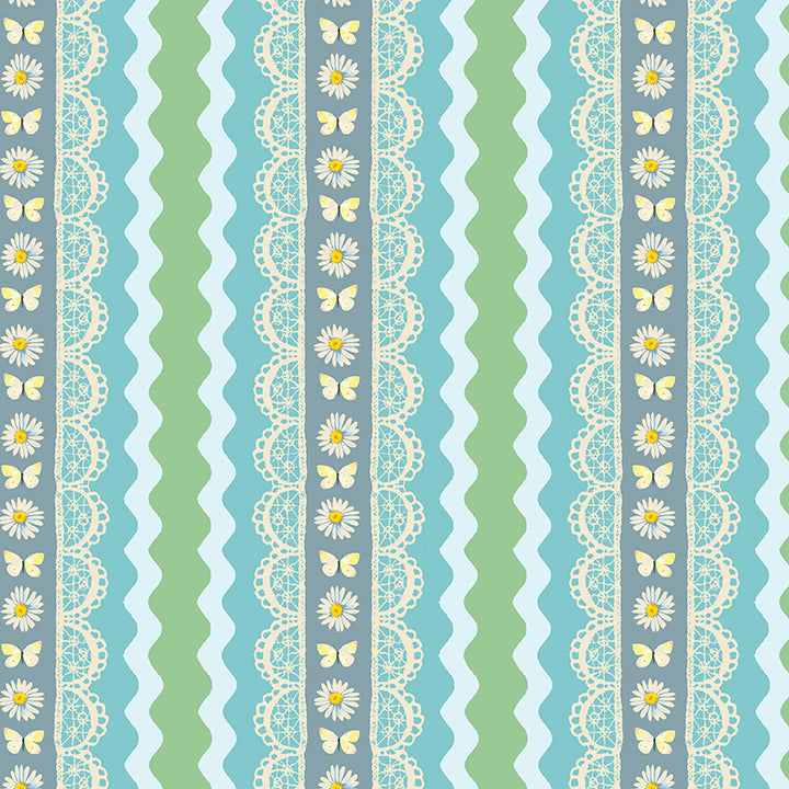 Fabric Benartex Teal/Multi Rick Rack Stripe Love and Stitches by the Quarter Yard 16901-83