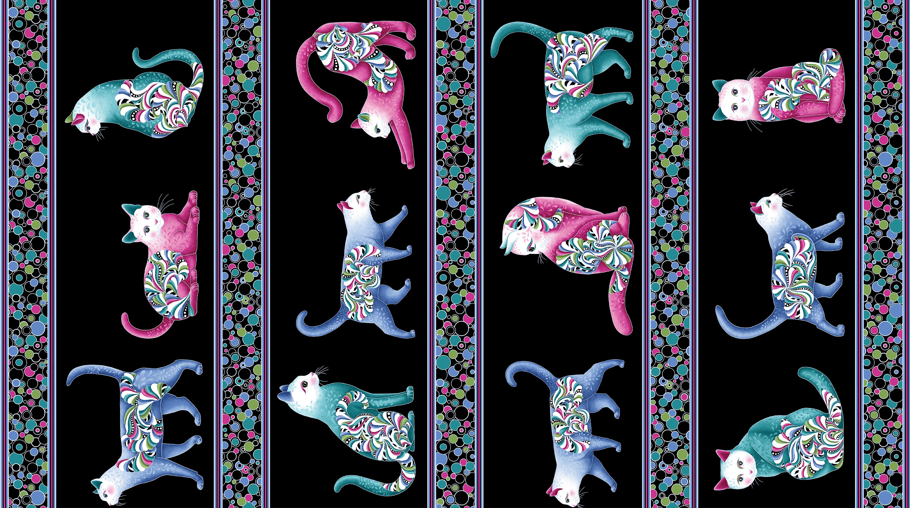 Fabric Benartex Black/Multi Cat's Meow Stripe Pearlescent Cat's Meow by the Quarter Yard 16946P-12