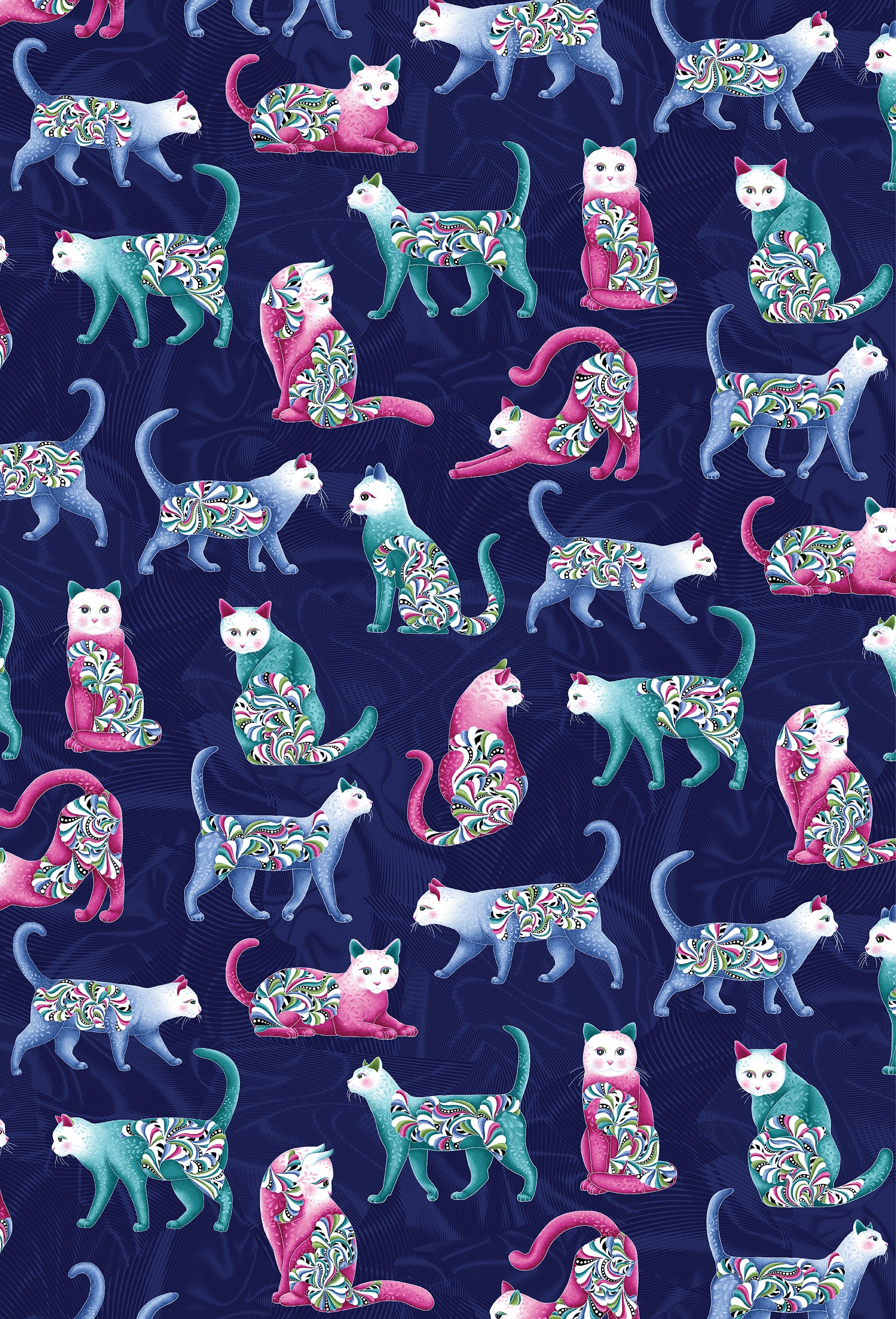 Fabric Benartex Navy/Multi Cat's Meow Allover Pearlescent Cat's Meow by the Quarter Yard 16947P-58