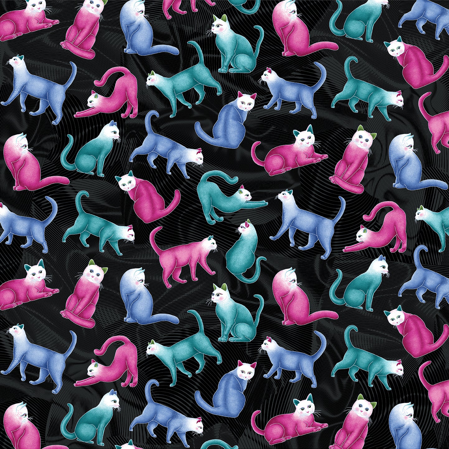 Fabric Benartex Black/Multi Meow Small Toss Pearlescent Cat's Meow by the Quarter Yard 16948P-12