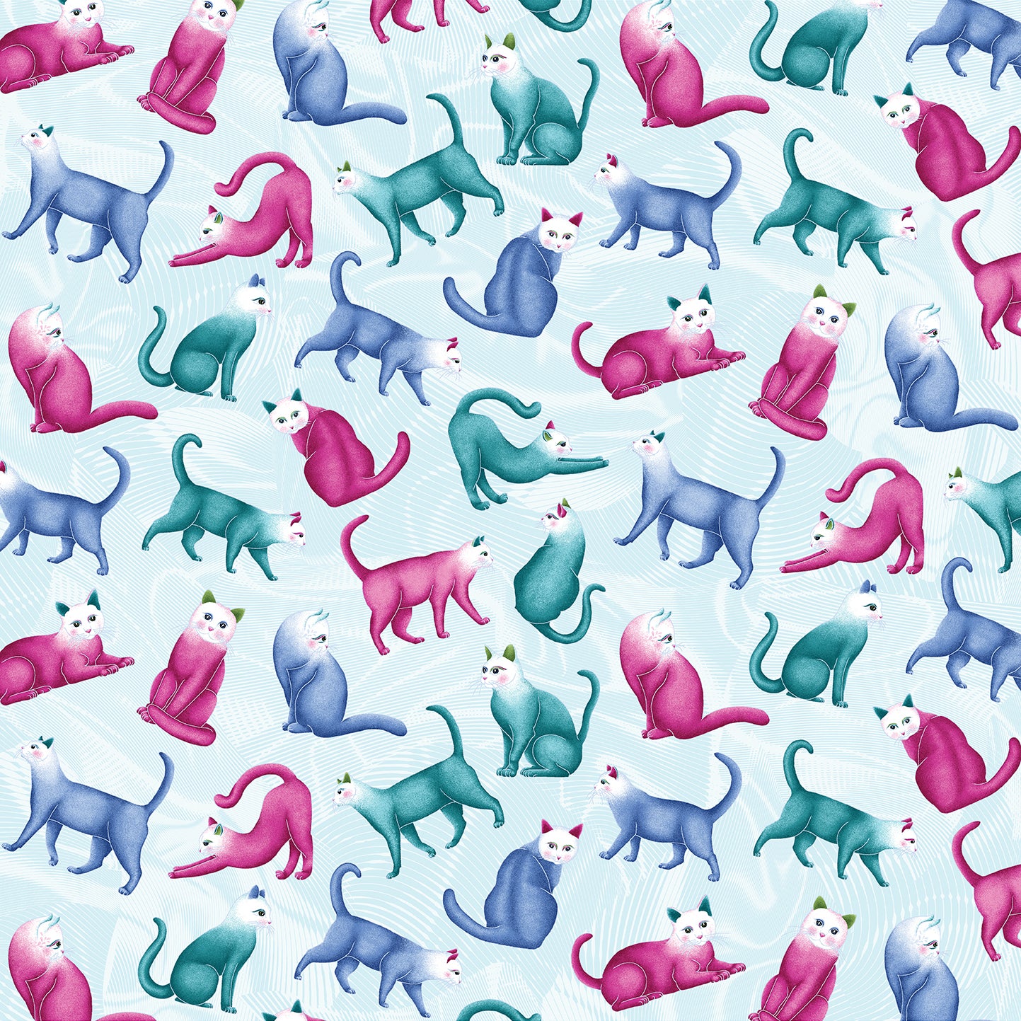 Fabric Benartex Light Teal/Multi Meow Small Toss Pearlescent Cat's Meow by the Quarter Yard 16948P-80