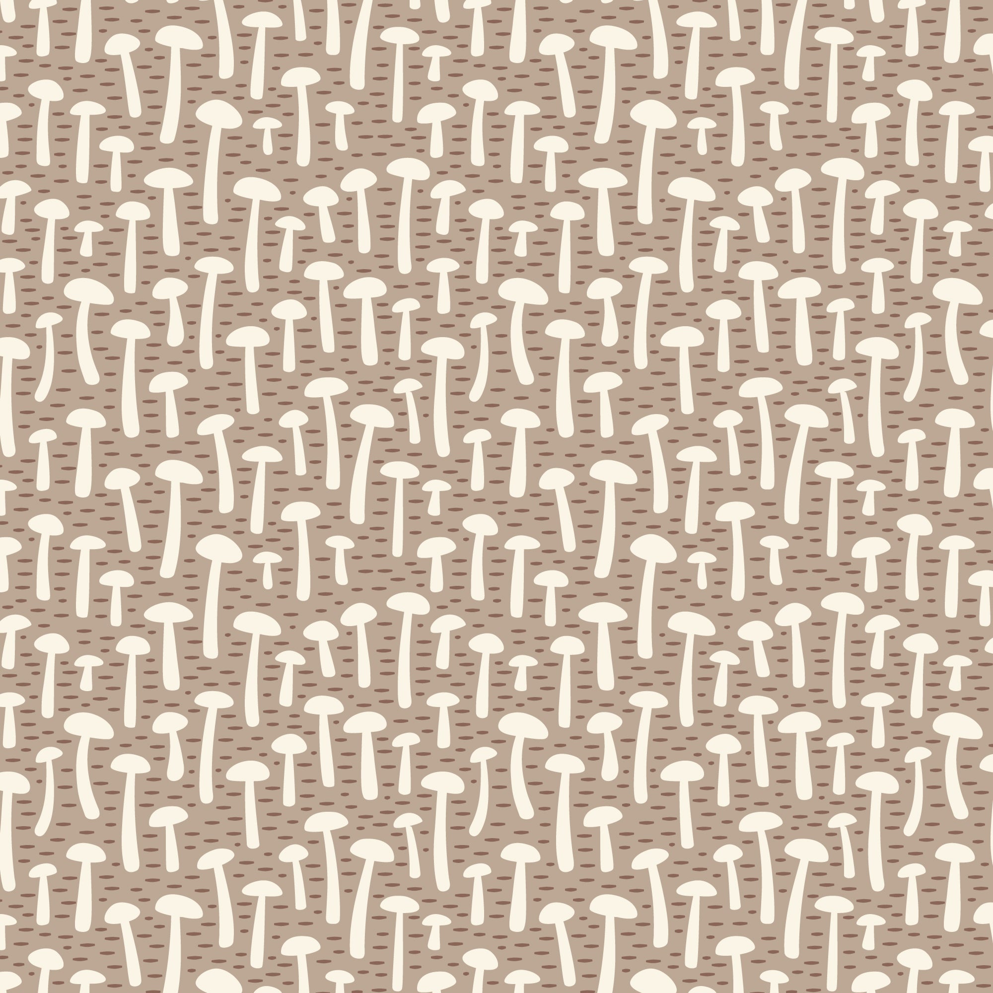 A repeating pattern of small hand-drawn mushroom silhouettes in off-white on a warm beige background with faint brown horizontal lines.