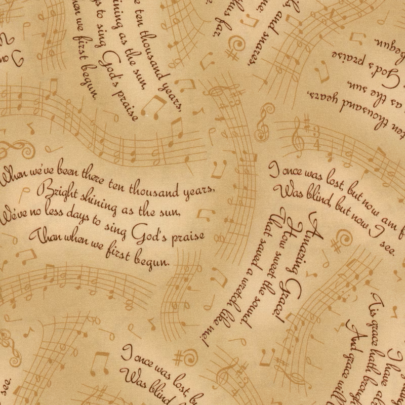 Fabric QT Tan Lyrics & Music Amazing Grace by the Quarter Yard 24029-A