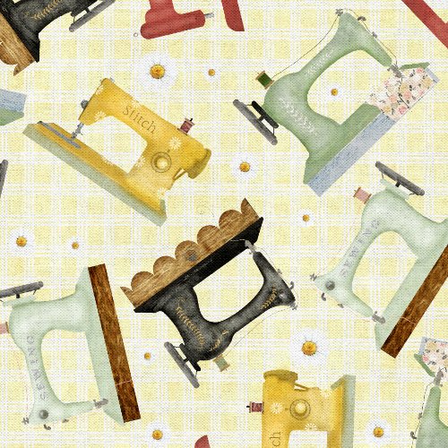 Fabric 3 Wishes Yellow Sewing Machine Toss Shop Hopping by the Quarter Yard 24200-YLW