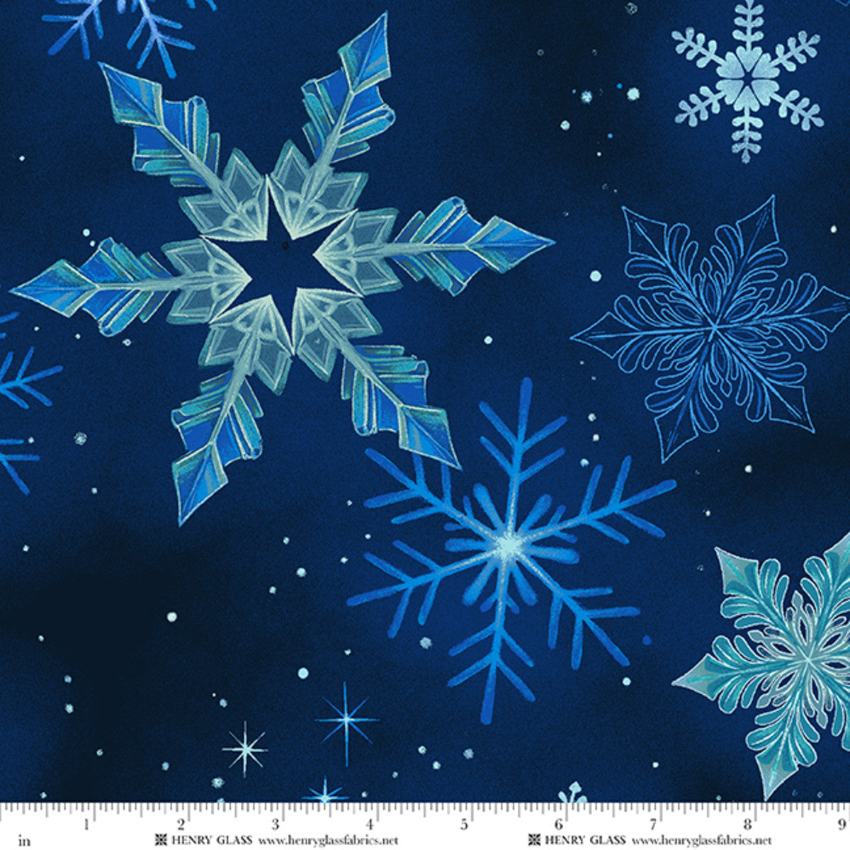Fabric Henry Glass Blue Large Snowflakes Crystal Cascade 108" Wide Back by the Quarter Yard 2622-77