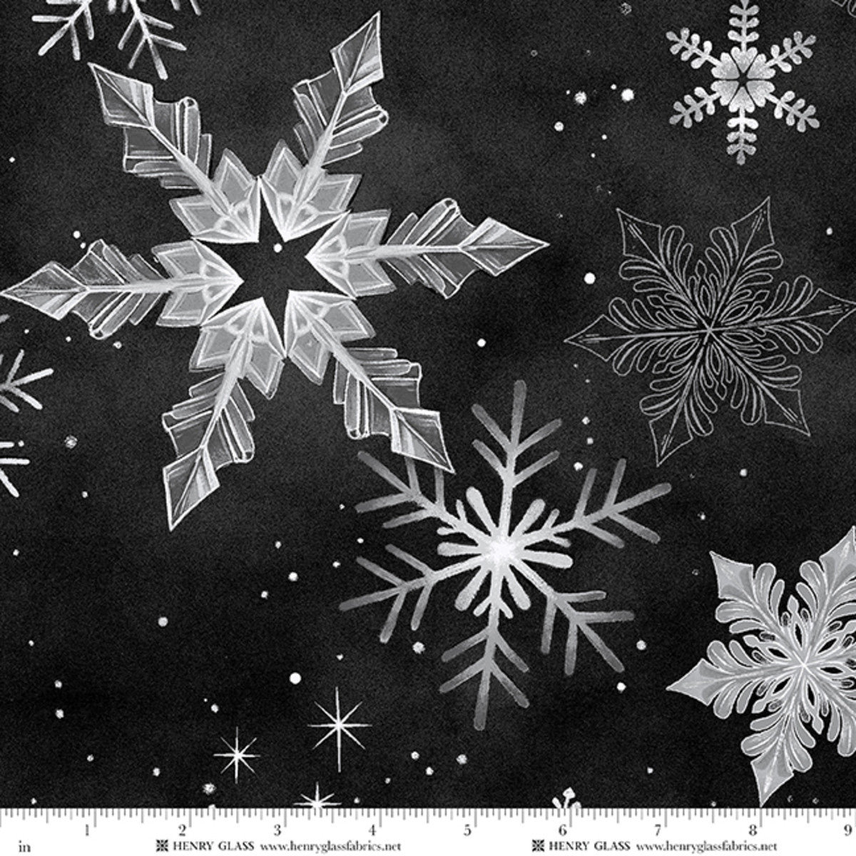 Fabric Henry Glass Black/White Large Snowflakes Crystal Cascade 108" Wide Back by the Quarter Yard 2622-90