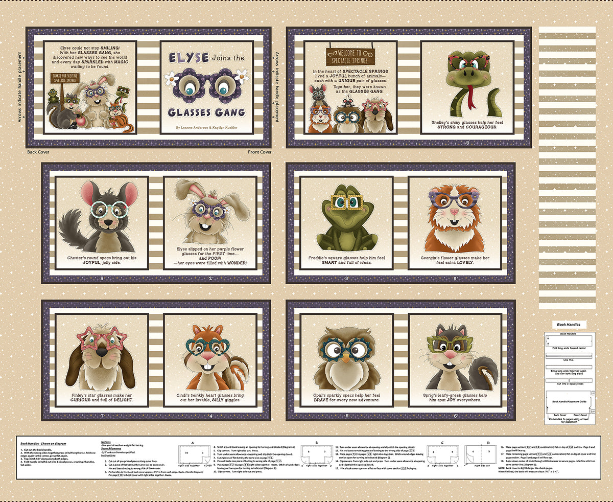 Fabric Henry Glass Tan Elyse Joins the Glasses Gang Little Readers 9 Quilt Panel 2720BP-44