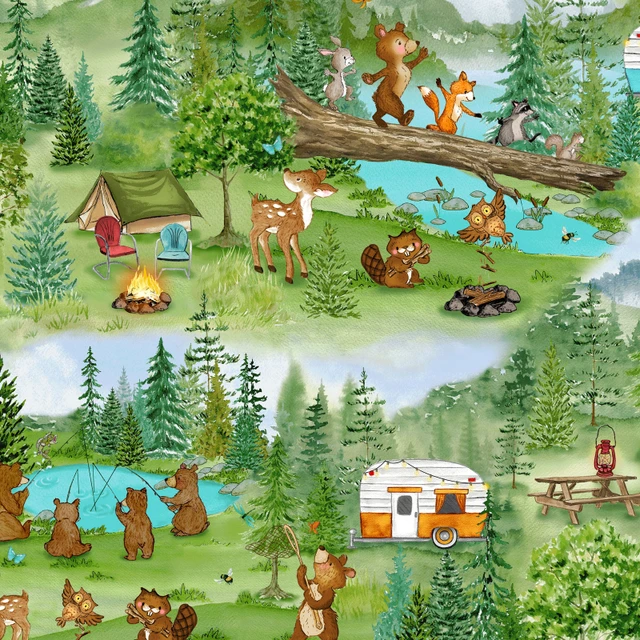 Fabric Henry Glass Green Camp Scenic Happy Campers by the Quarter Yard 2725-66