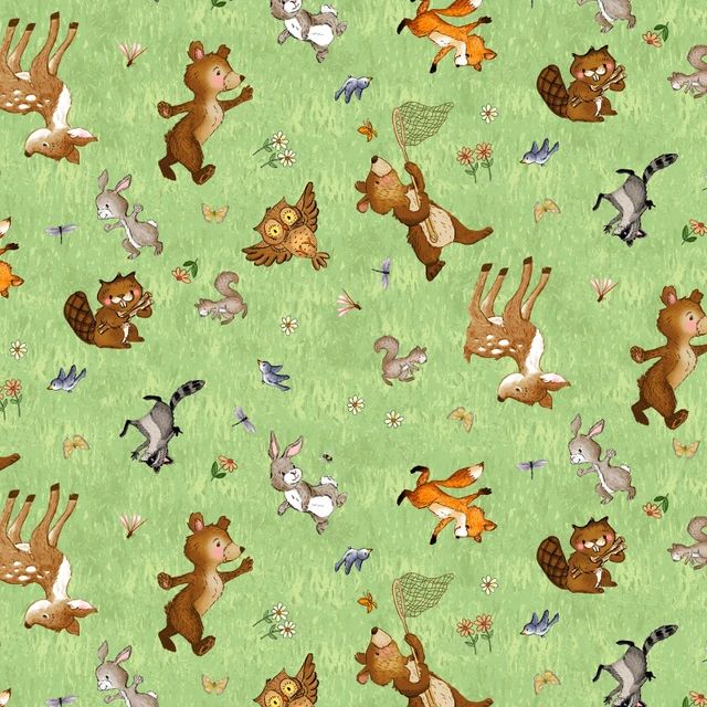 Fabric Henry Glass Green Frolicking Friends Happy Campers by the Quarter Yard 2727-66