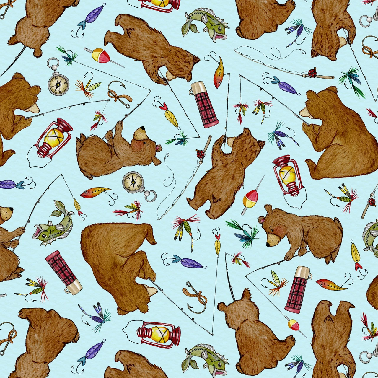 Fabric Henry Glass Light Blue/Brown Bears and Bobbers Happy Campers by the Quarter Yard 2728-13