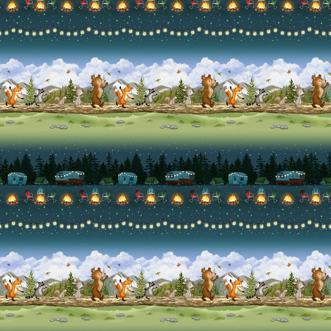 Fabric Henry Glass Dark Teal/Green Scenic Stripe Happy Campers by the Quarter Yard 2737-76