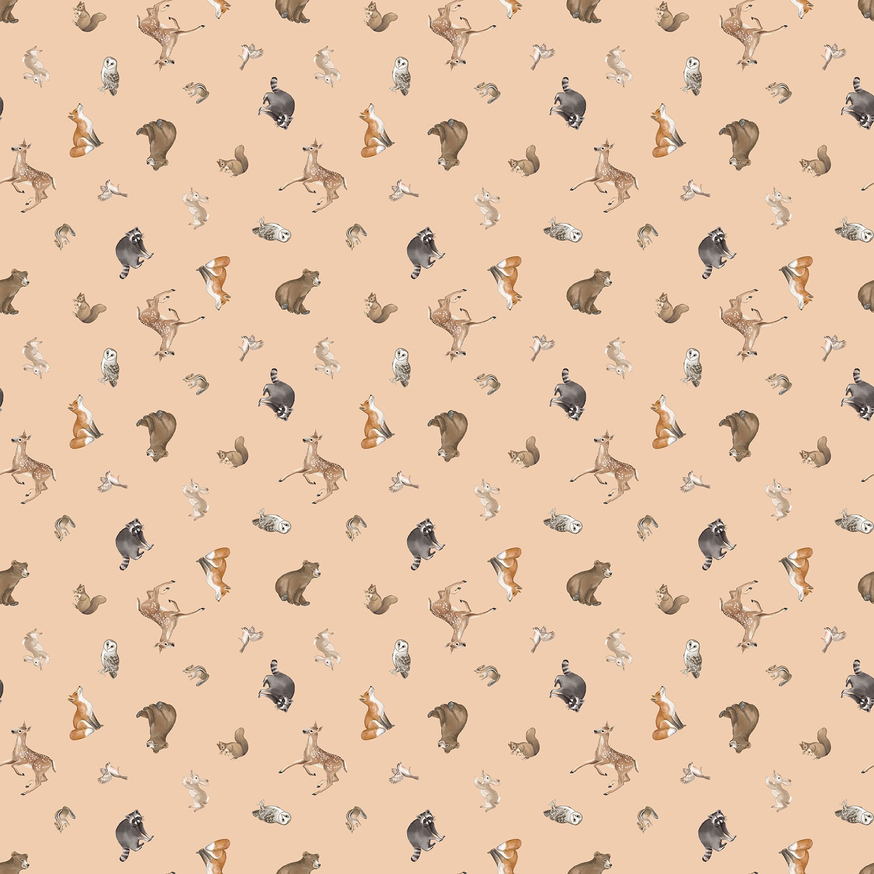 Fabric Northcott Peach Multi Tossed Animals Tanglewood by the Quarter Yard 29283-53