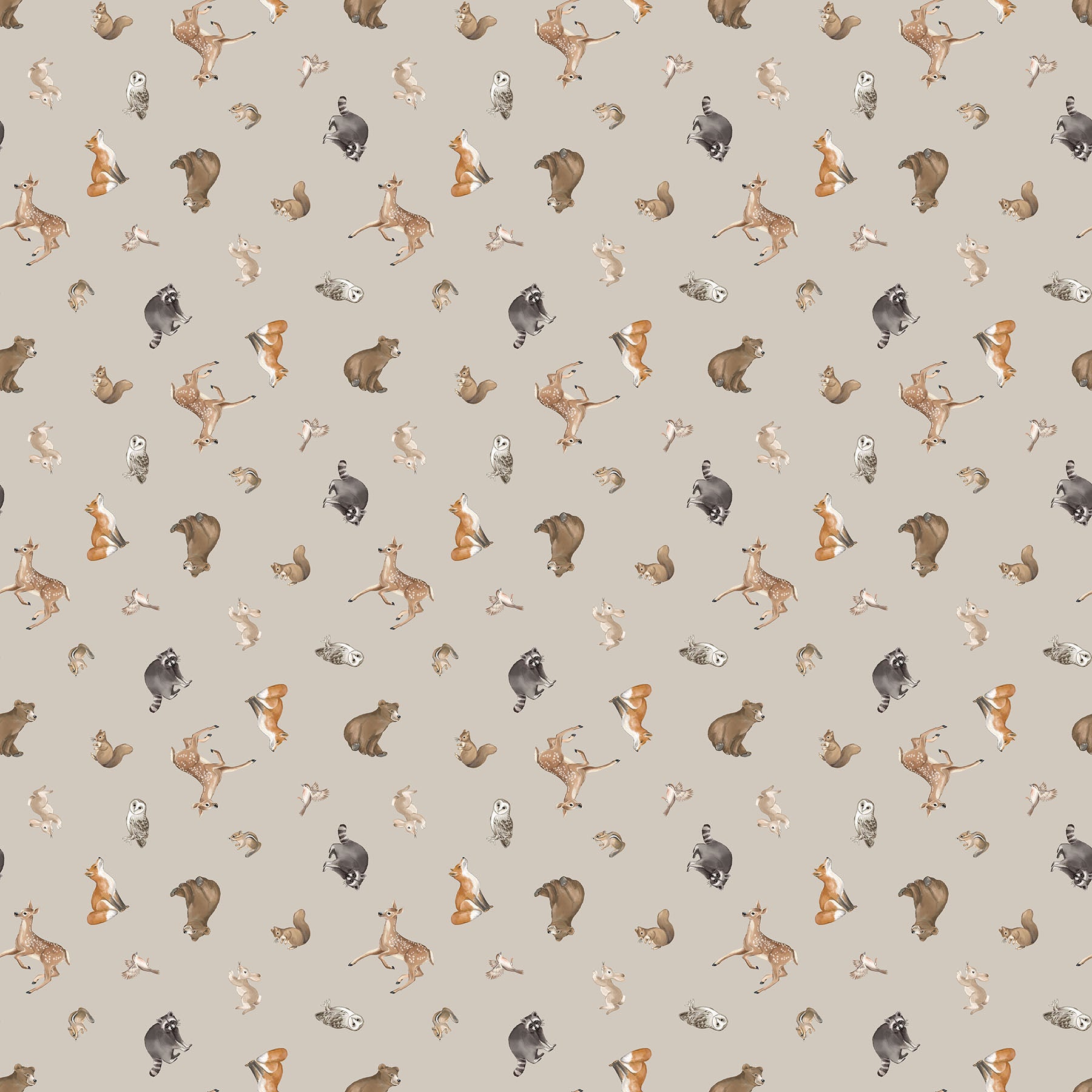 Fabric Northcott Medium Gray Multi Tossed Animals Tanglewood by the Quarter Yard 29283-93
