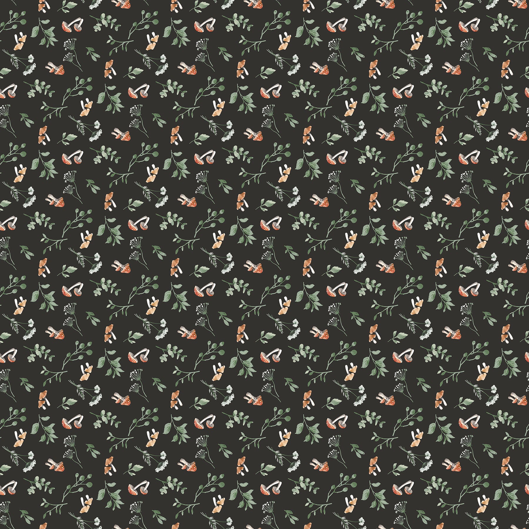 Fabric Northcott Charcoal Multi Mushroom Leaf Tanglewood by the Quarter Yard 29284-98