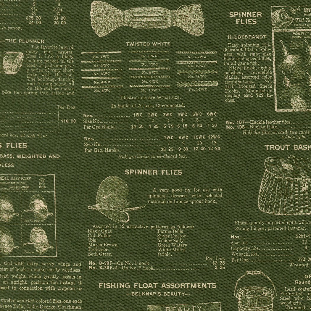 Fabric Moda Grass Fishing Tackle Text Paper Trails by the Quarter Yard 39594-16