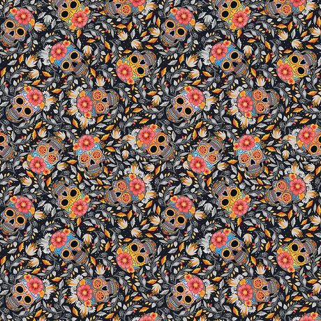 Fabric Stof Dark Gray Skulls and Flowers Calavera by the Quarter Yard 4504-114